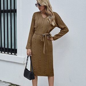 Jillumi Womens Sweater Dress Winter Fall V Neck Collar Knit Slim Fit Long Sleeve